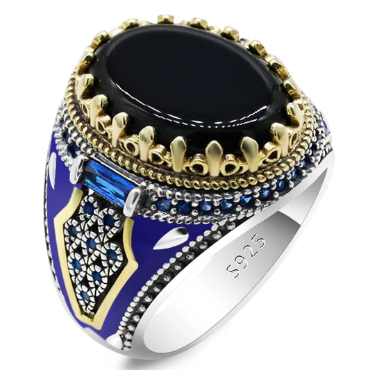 925 Sterling Silver Ring Black Agate Stone