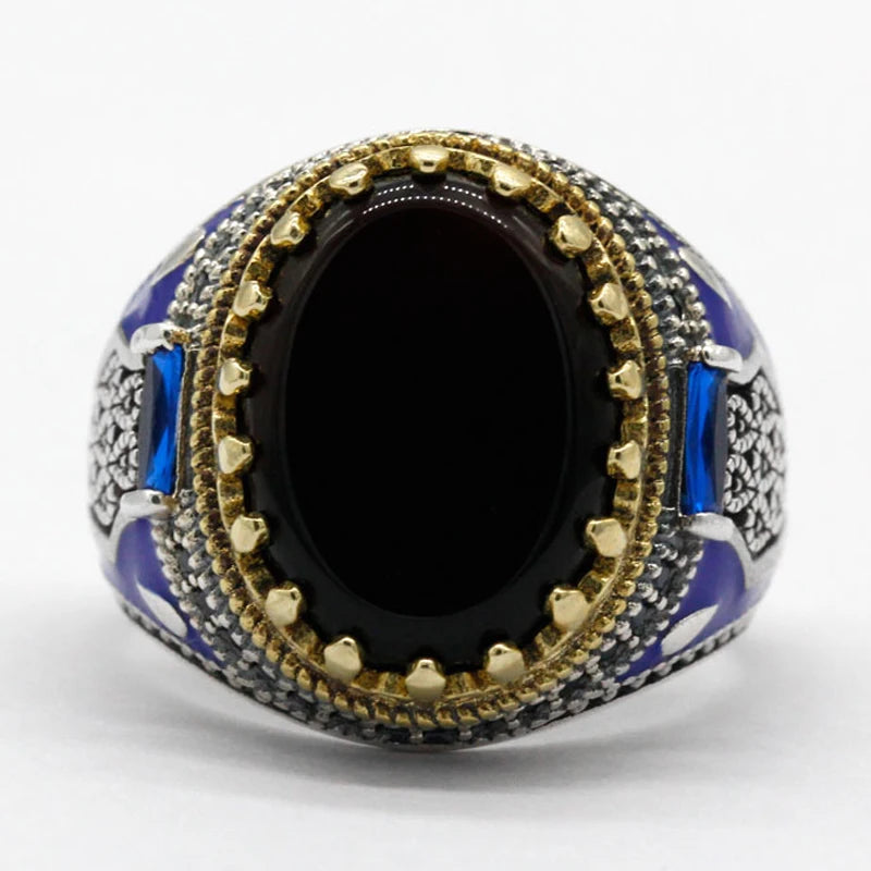 925 Sterling Silver Ring Black Agate Stone