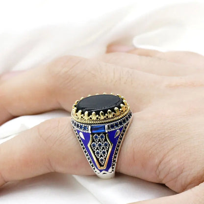 925 Sterling Silver Ring Black Agate Stone